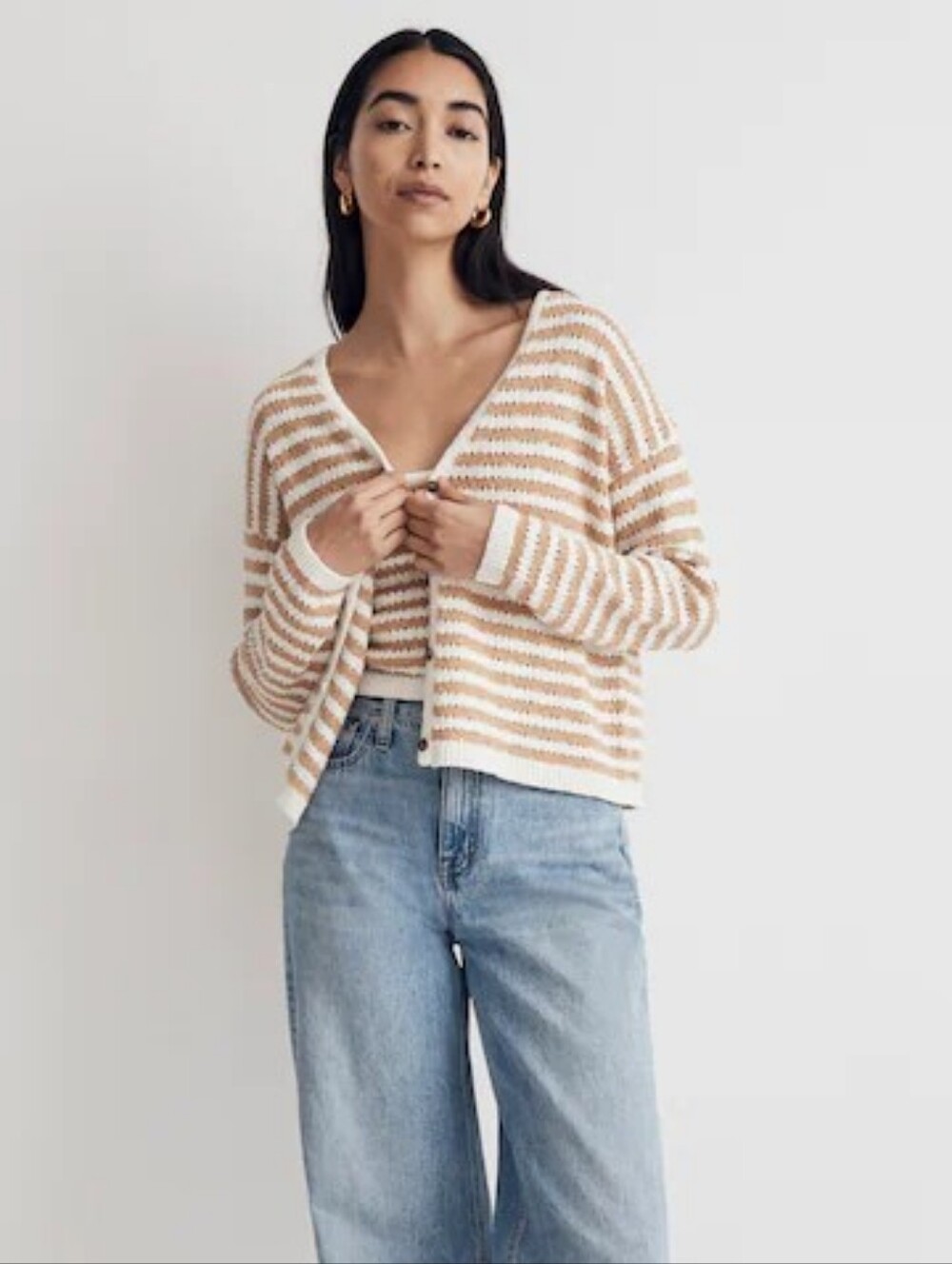 Madewell Open-Stitch Cardigan Sweater Stripe in Earthen Sand  S Coastal French